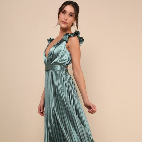 Lulus Exceptional Drama Sage Green Satin Lace-up Pleated Maxi Dress - Size L - Picture 1 of 5